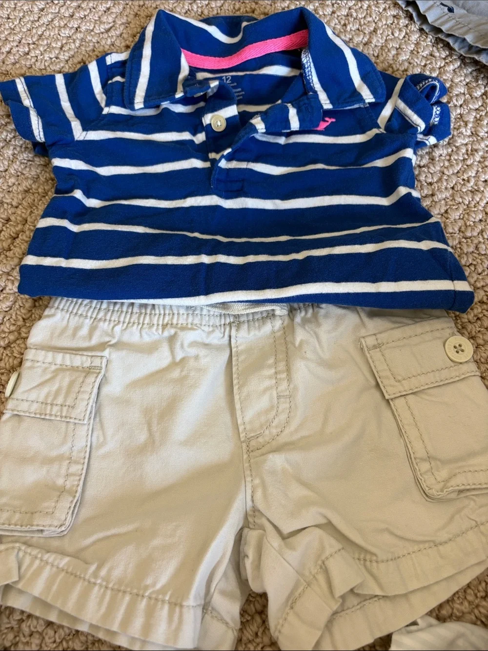 Baby Matching Set - Striped Polo with Tan Cargo Shorts 12 months - Picture 1 of 5